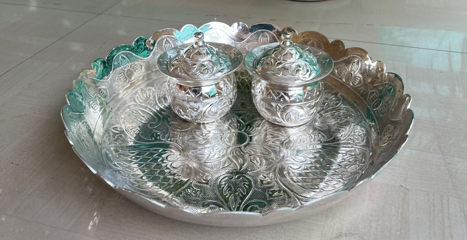 german silver Round platter with 2 handi bowls