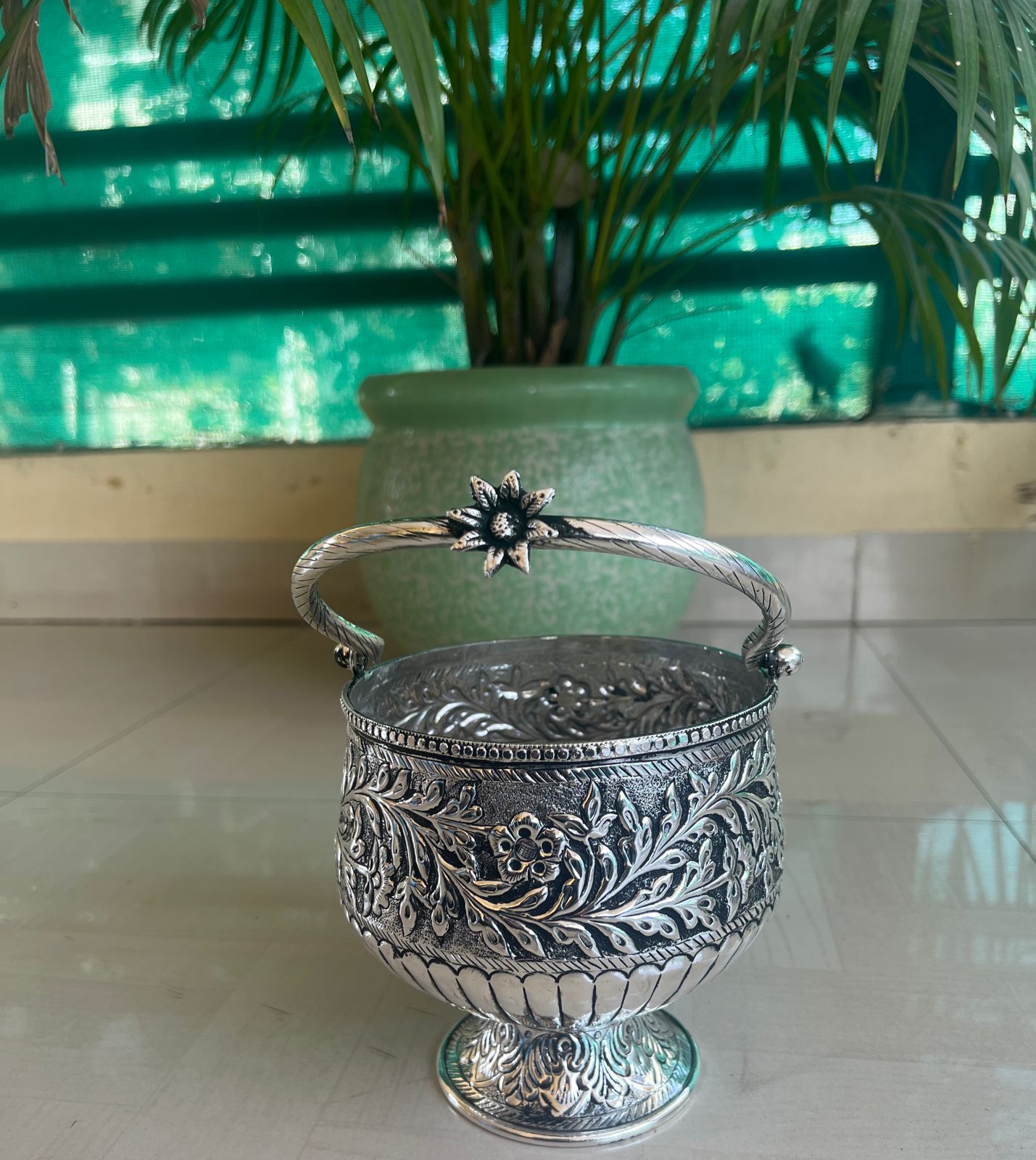 german silver antique finish Designer new basket with floral handle