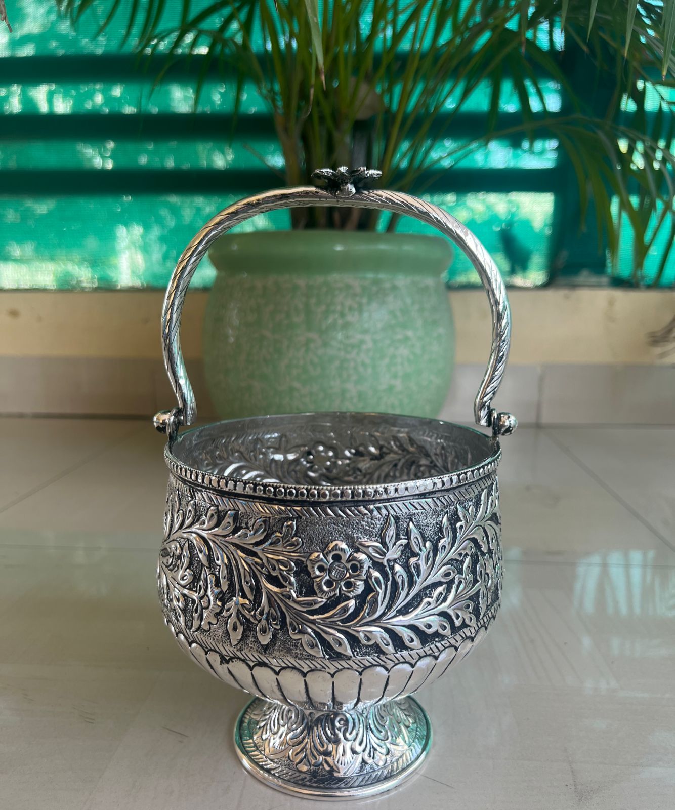 german silver antique finish Designer new basket with floral handle