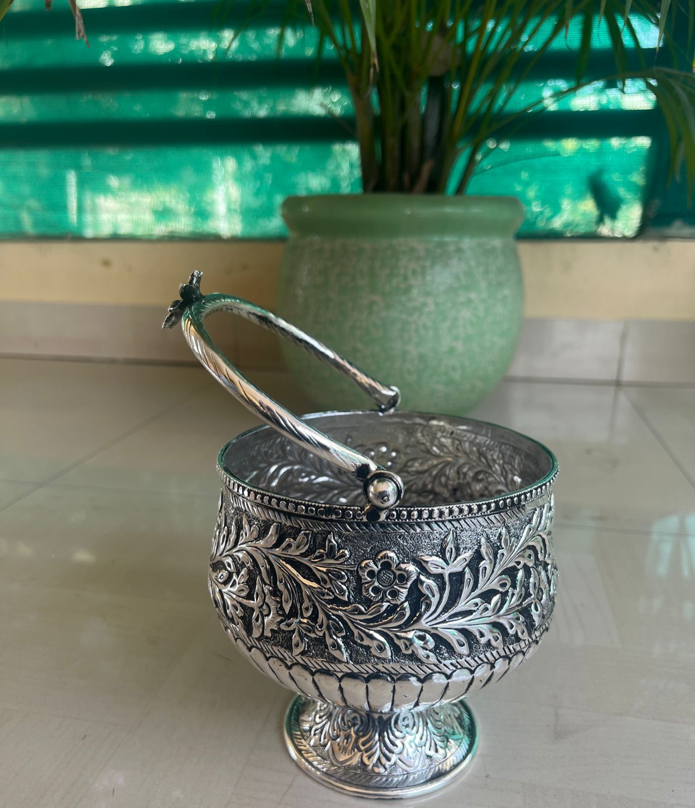 german silver antique finish Designer new basket with floral handle