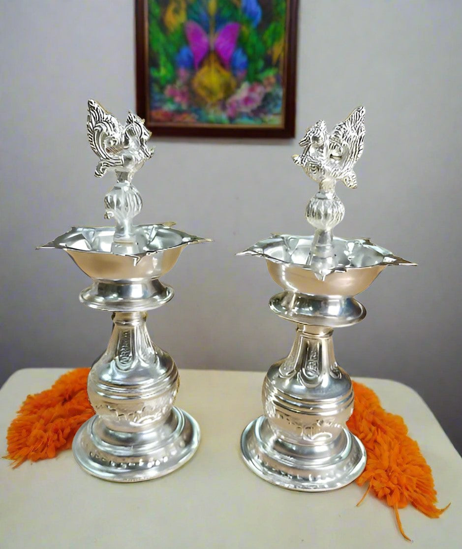 German Silver Peacock Diya Pair, 8" for Diwali, Housewarming, Gift Item