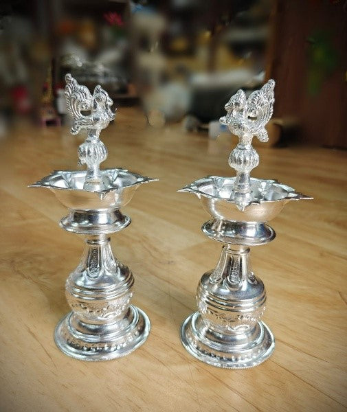 German Silver Peacock Diya Pair, 8" for Diwali, Housewarming, Gift Item