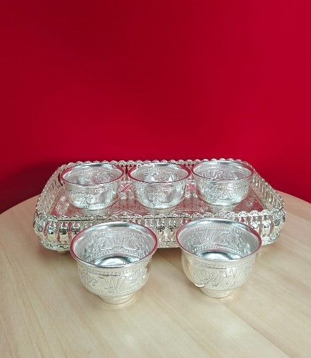 German Silver Tray with 5 Bowl Set