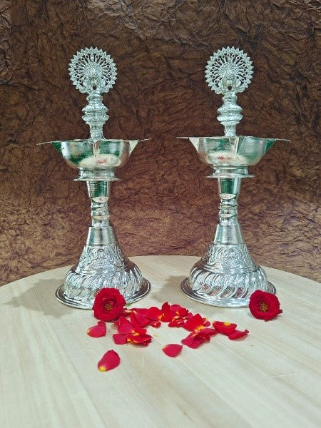German Silver Dancing Peacock Diya Pair Set for Diwali/Housewarming Pooja/Home décor