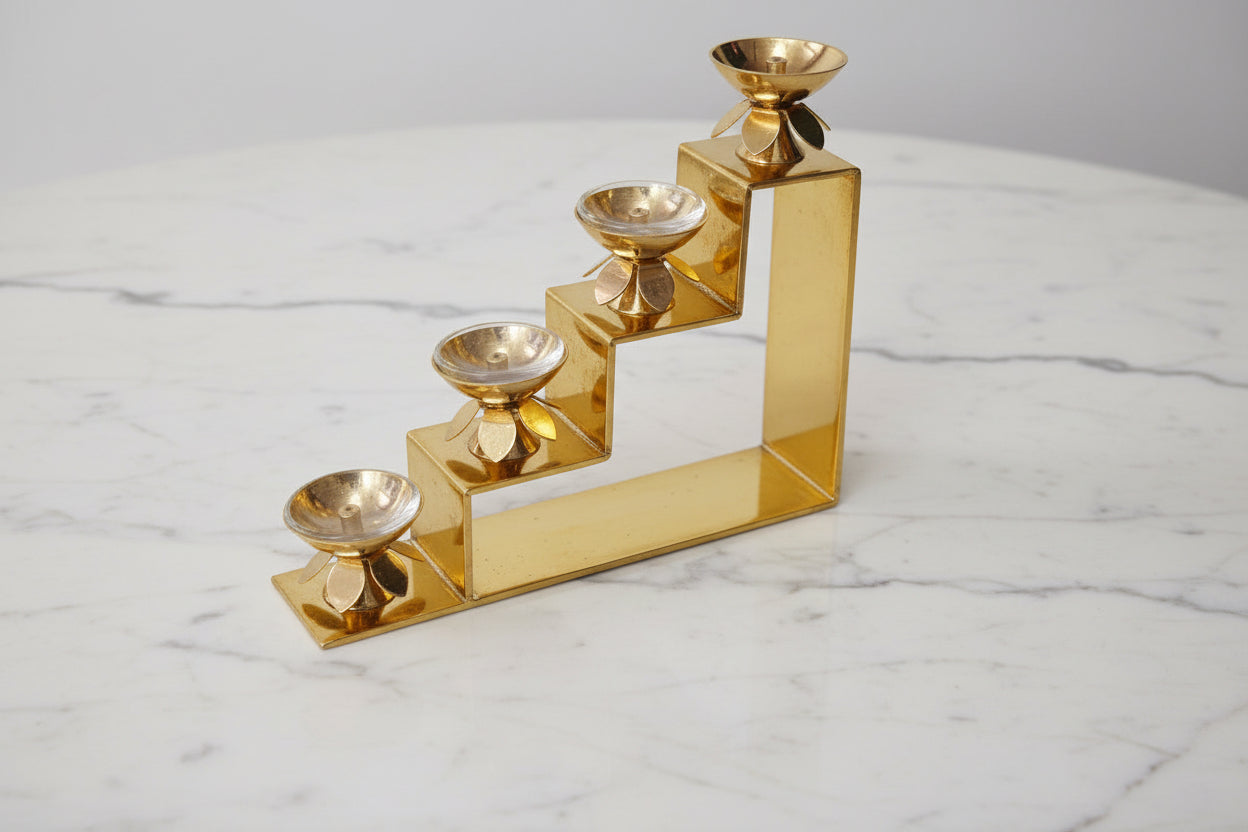 Brass 4-Step Diya Pair – Traditional Ritual Lamps