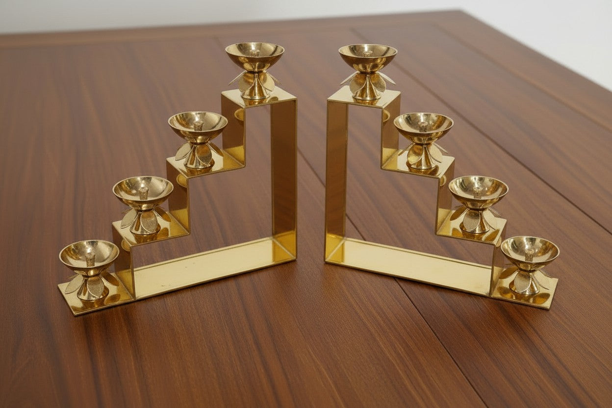 Brass 4-Step Diya Pair – Traditional Ritual Lamps