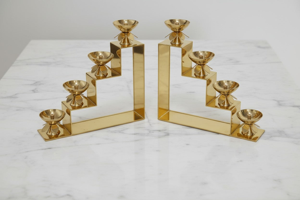 Brass 4-Step Diya Pair – Traditional Ritual Lamps