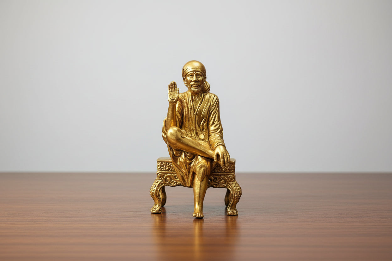 Brass Sai Baba Idol on Stool – Spiritual Murti for Home, Mandir & Décor