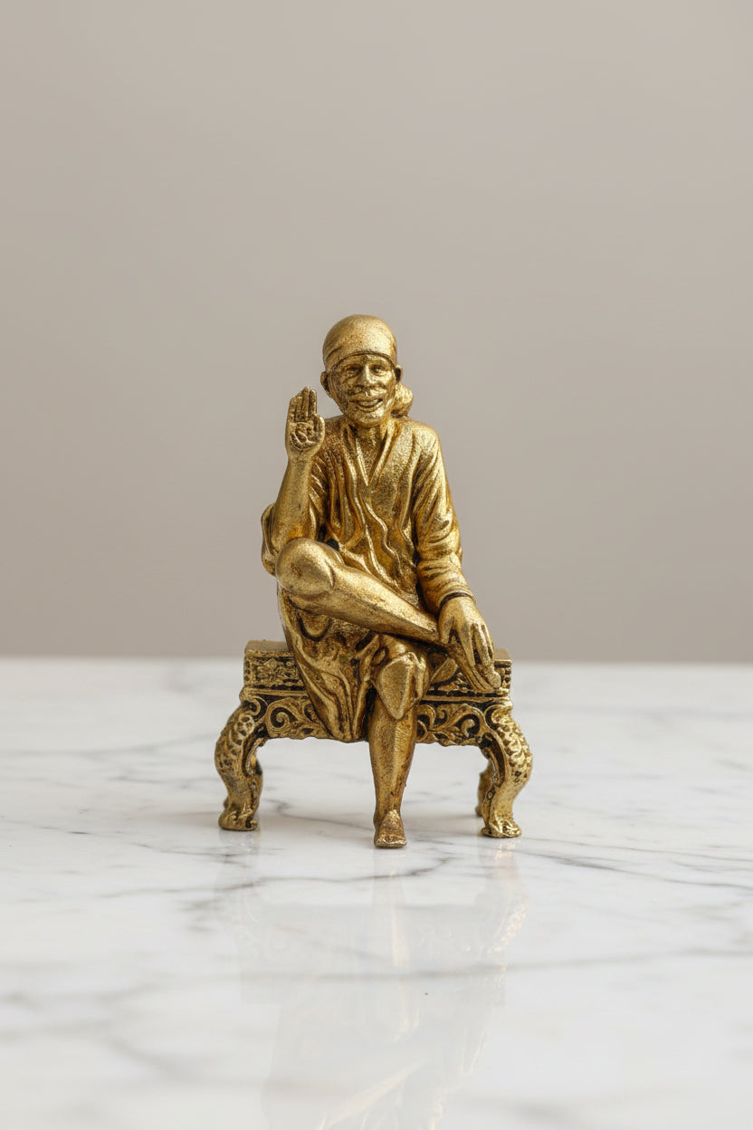 Brass Sai Baba Idol on Stool – Spiritual Murti for Home, Mandir & Décor