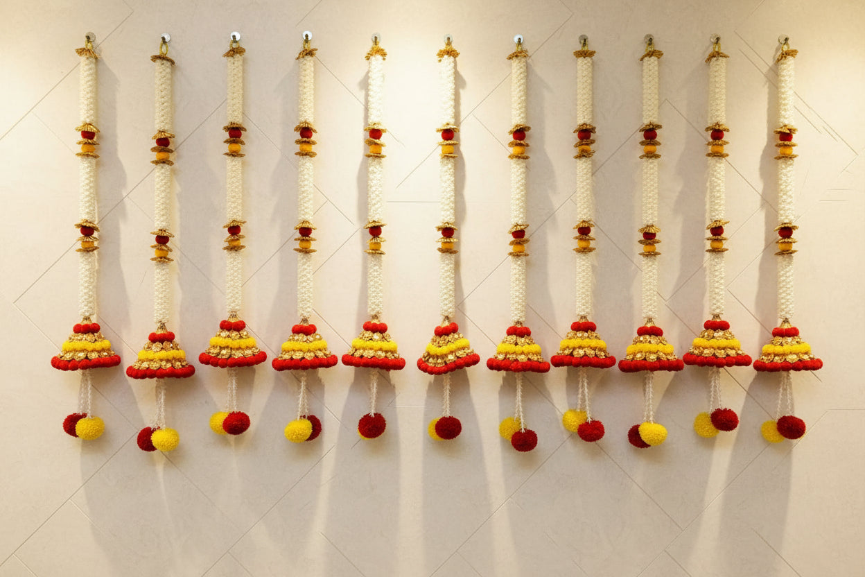 Mogra PomPom Bell Strings – Set of 6 for Home Décor, red
