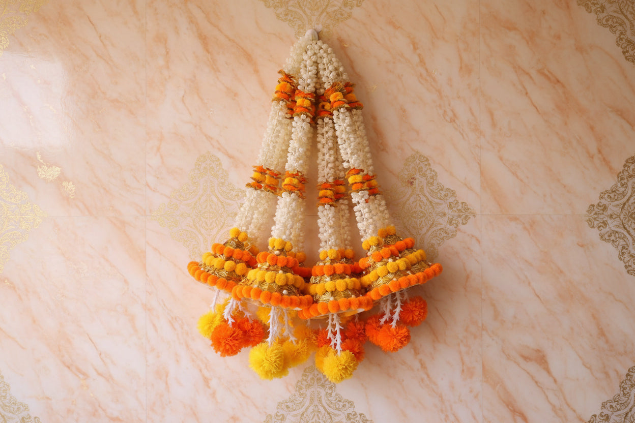 Mogra PomPom Bell Strings – Set of 6 for Home Décor, orange