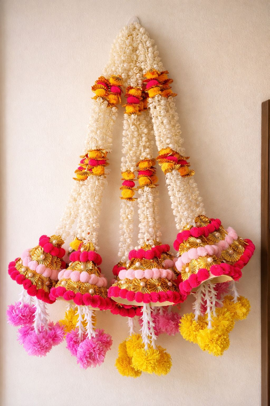 Mogra Pom Pom Bell Strings – Set of 6 for Home Décor, pink