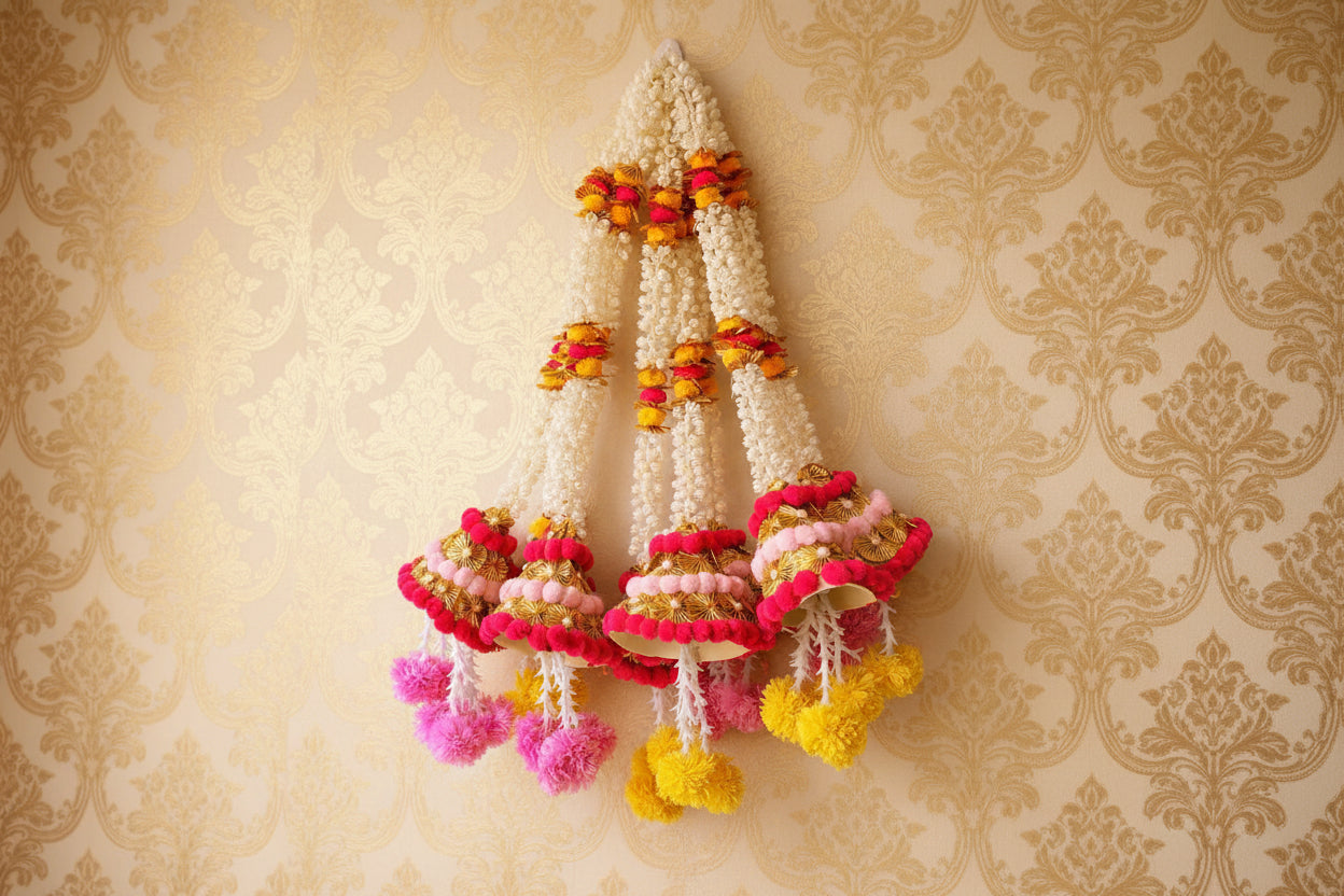 Mogra Pom Pom Bell Strings – Set of 6 for Home Décor, pink