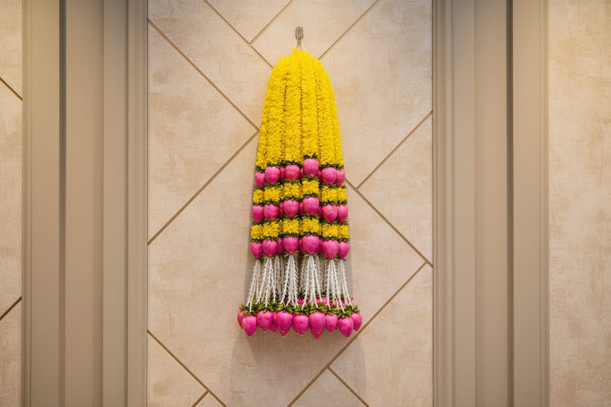 Lotus Bud Gajra Hangings – Set of 6 Strings for Home & Festival Décor, yellow