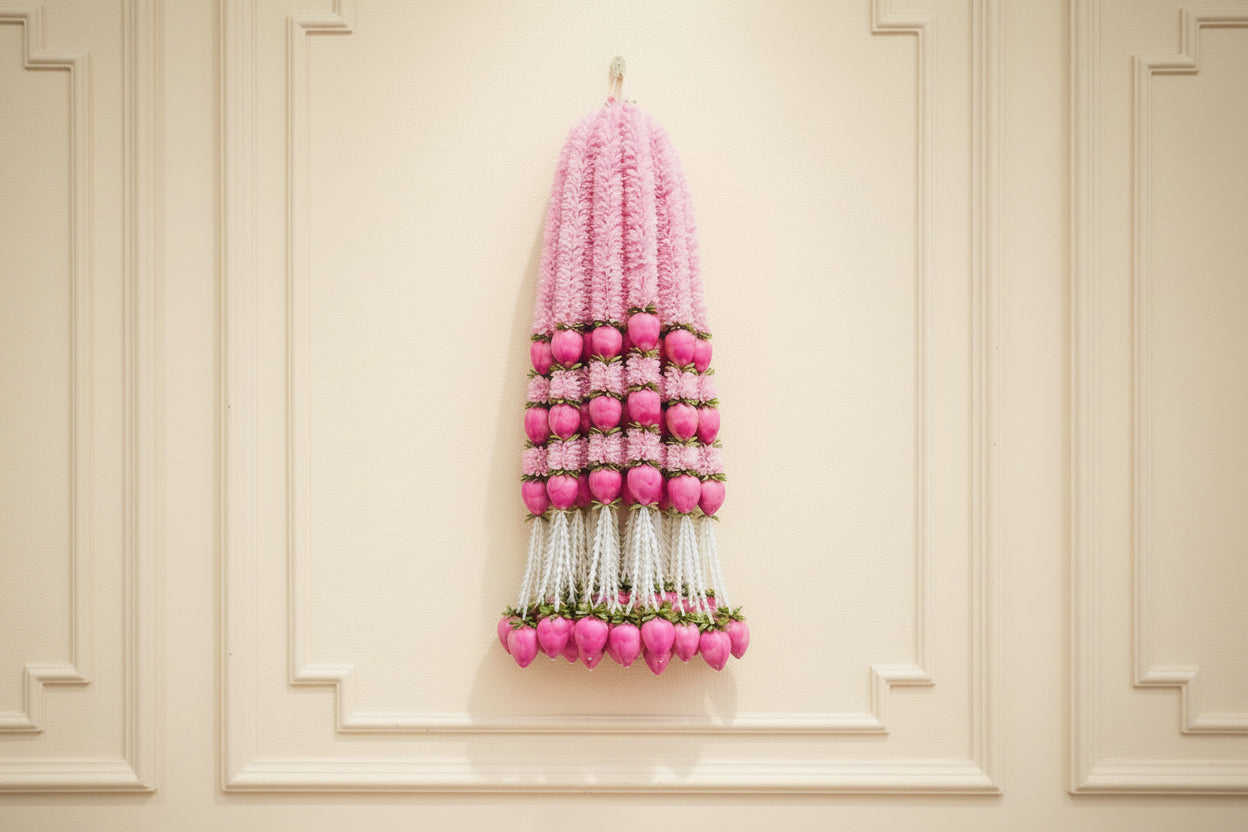 Lotus Bud Gajra Hangings – Set of 6 Strings for Home & Festival Décor, light pink