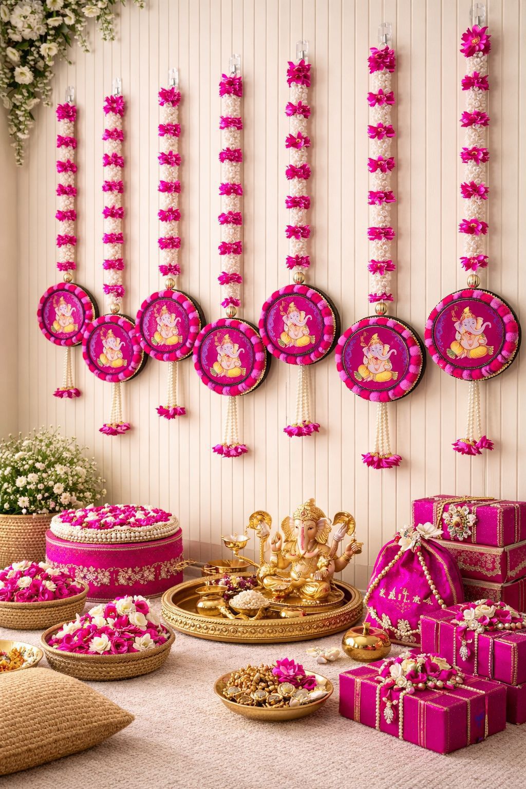 Radha Krishna Floral Luxe Strings – Set of 6 for Auspicious Home & Festival Décor, pink