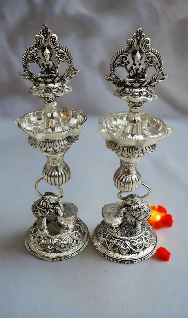 Silver Lakshmi Diya Pair with Elephant for Housewarming/Gift Item/Diwali Pooja/Home Decor