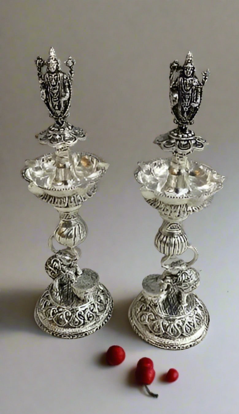 Silver Plated Balaji Tirupati Elephant Diya Pair Set