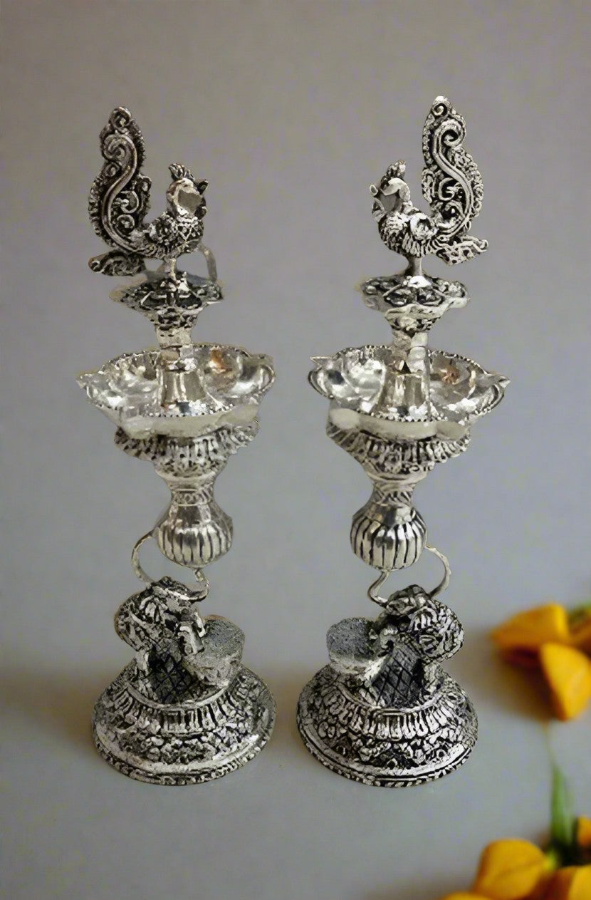 Silver Plated Peacock Elephant Diya Pair Set