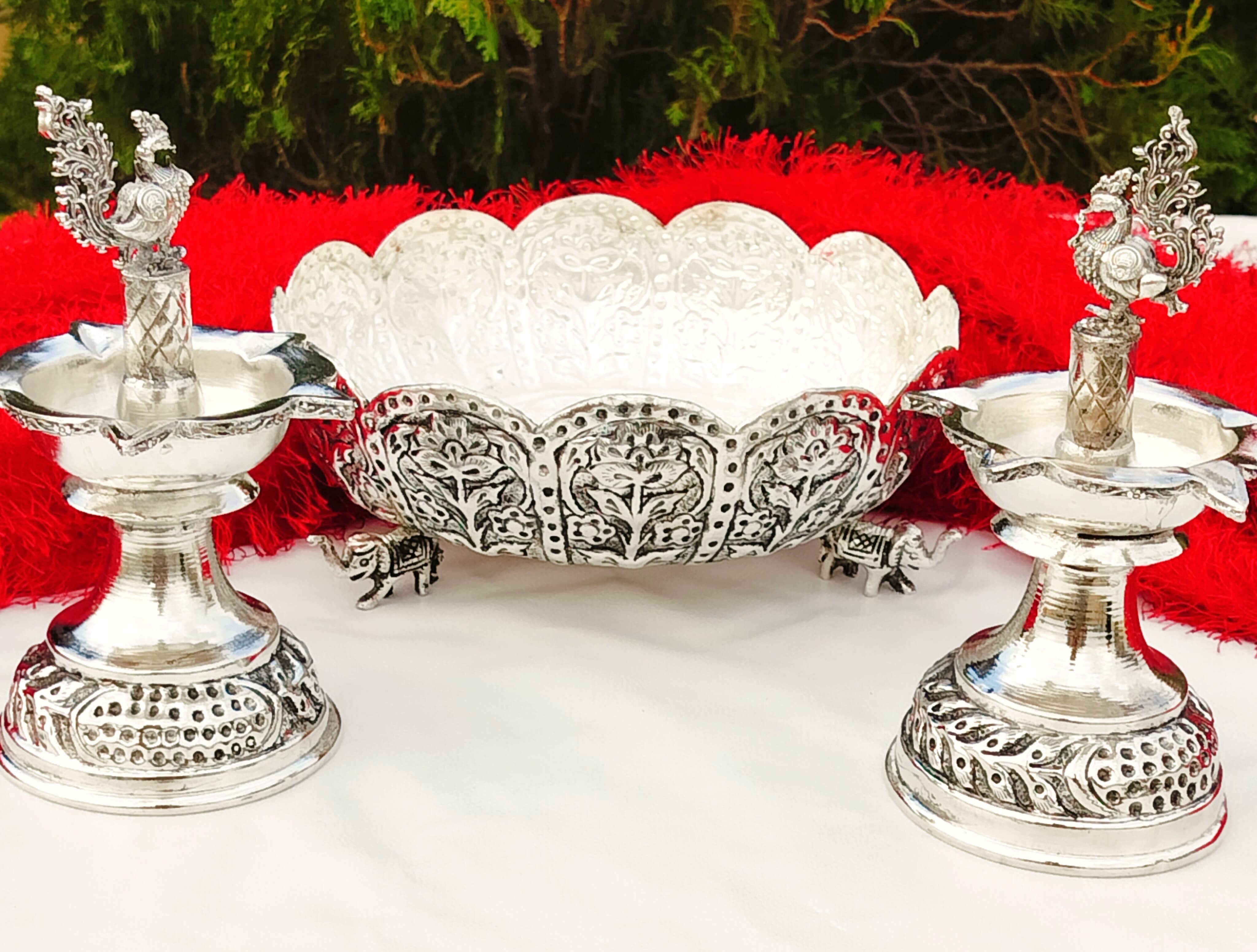 german silver Decorative urli Bowl with Lamp, Silver