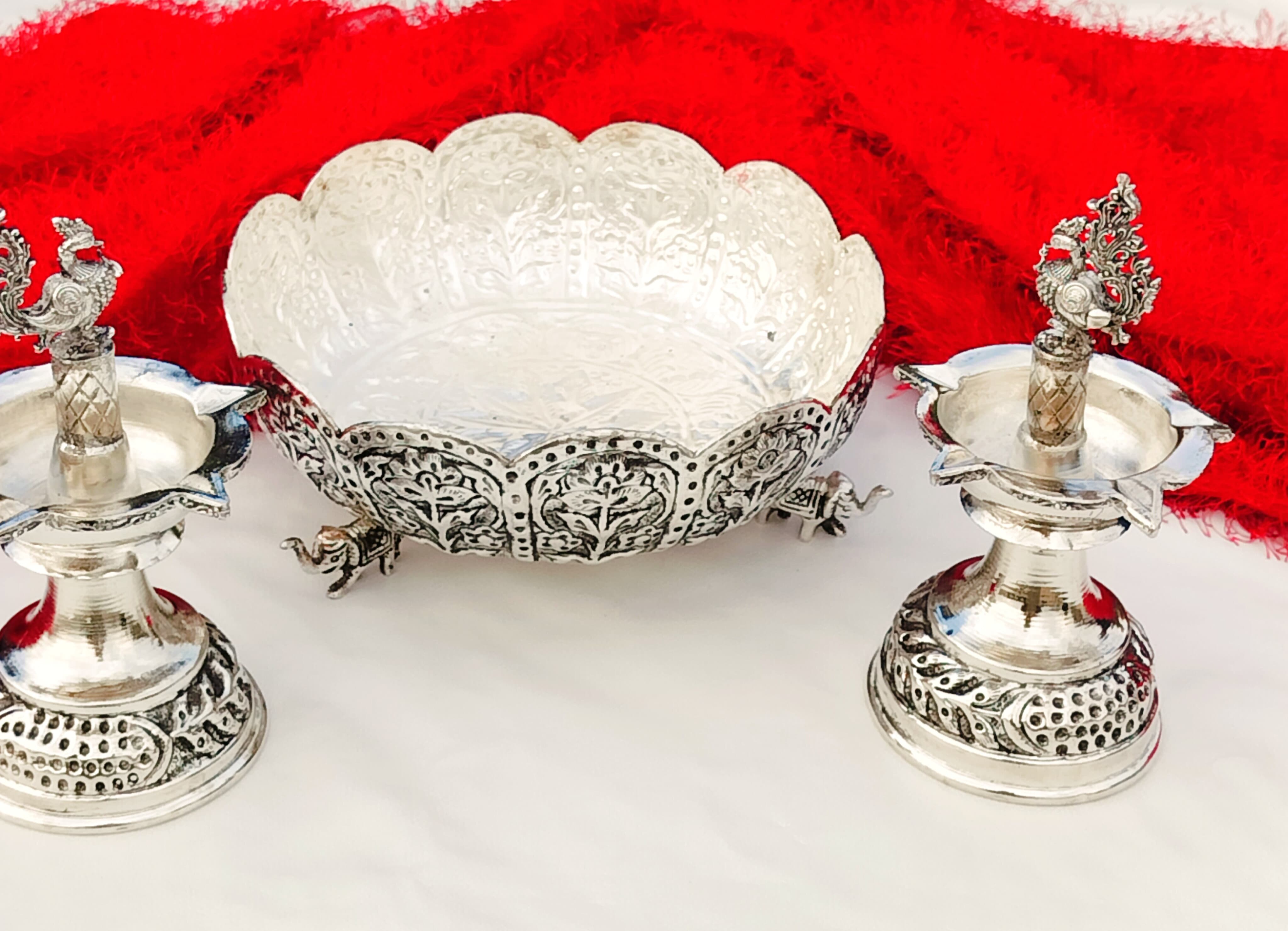 german silver Decorative urli Bowl with Lamp, Silver
