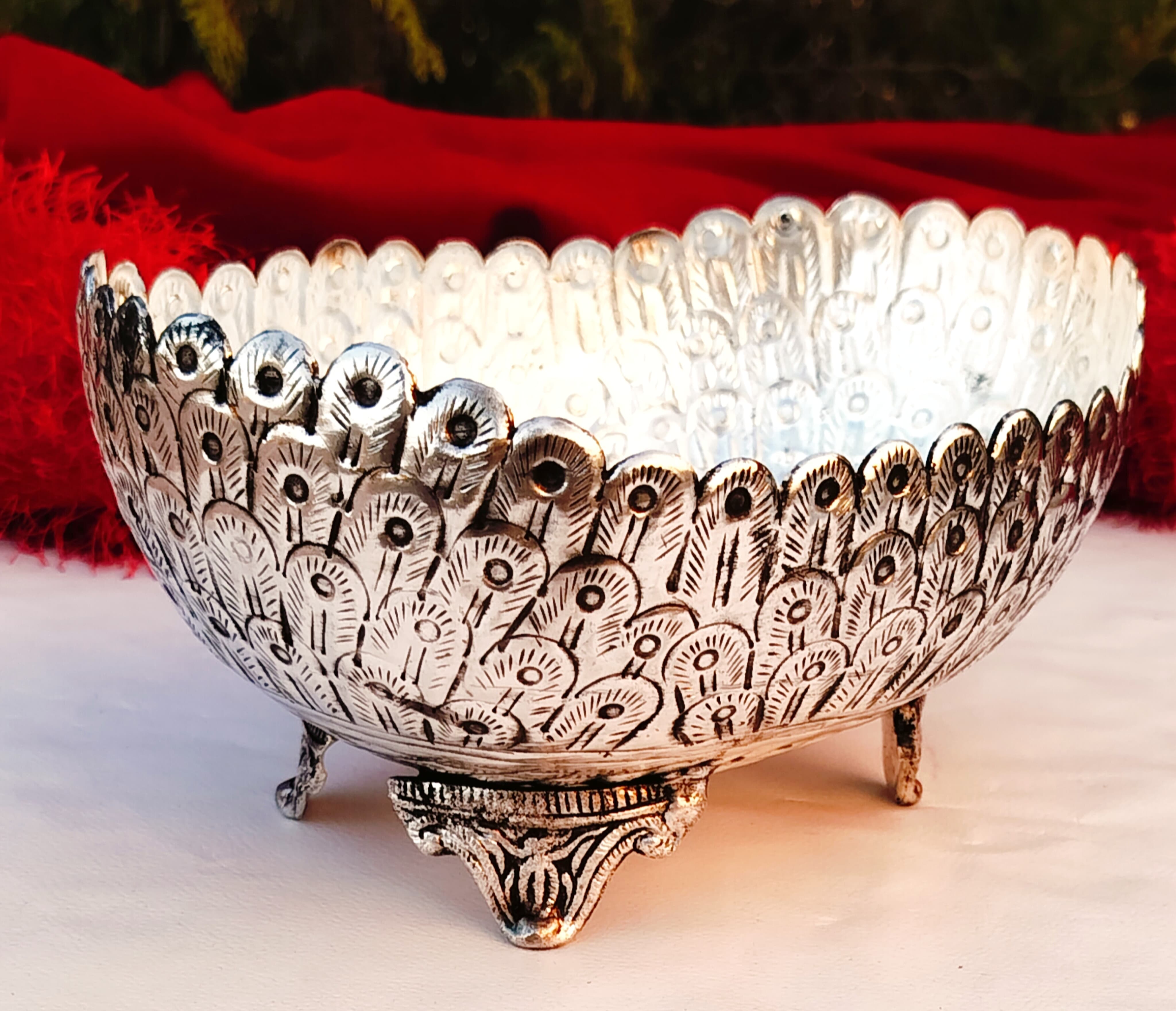 German silver oval bowl/urli with stand
