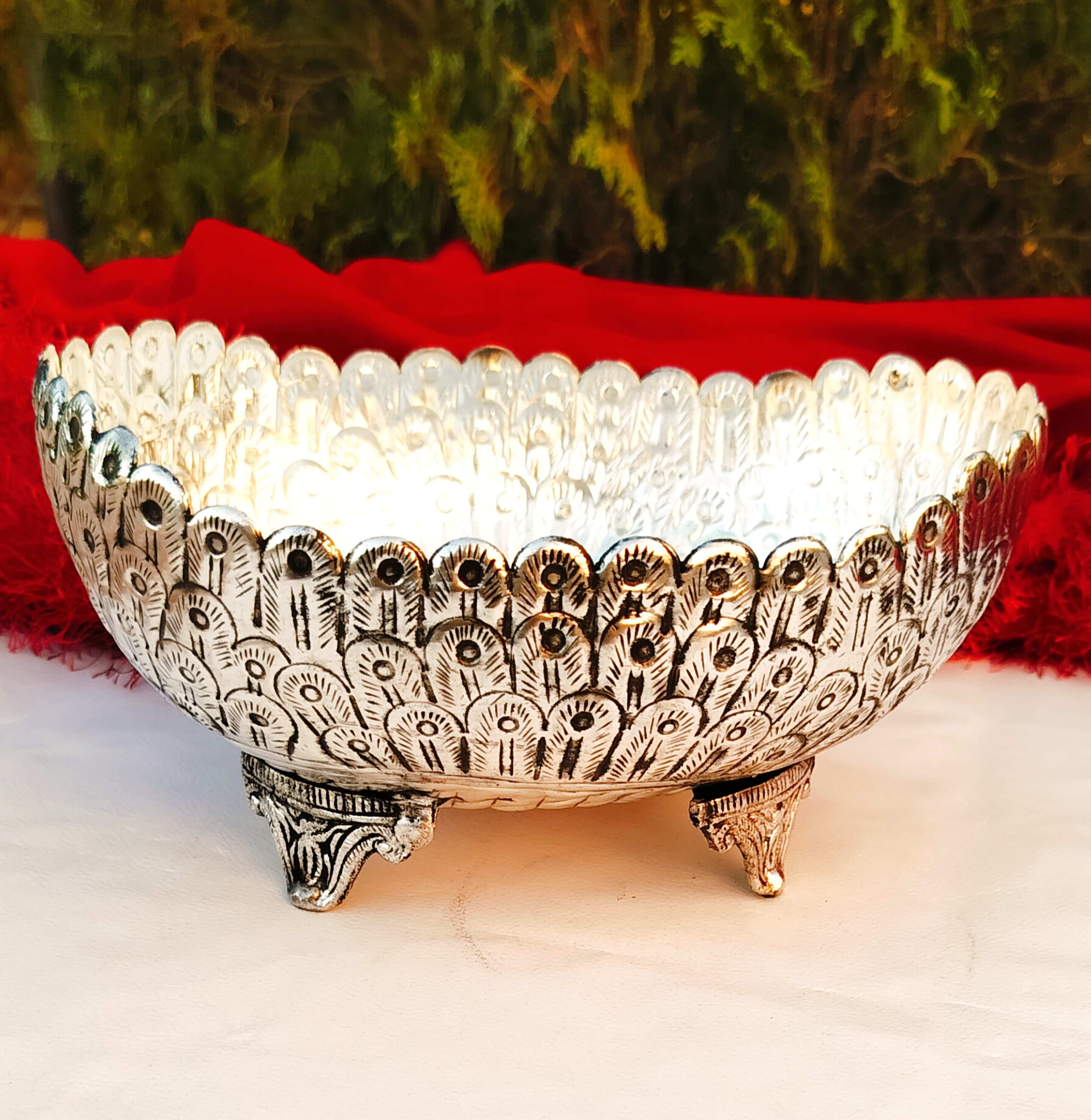 German silver oval bowl/urli with stand