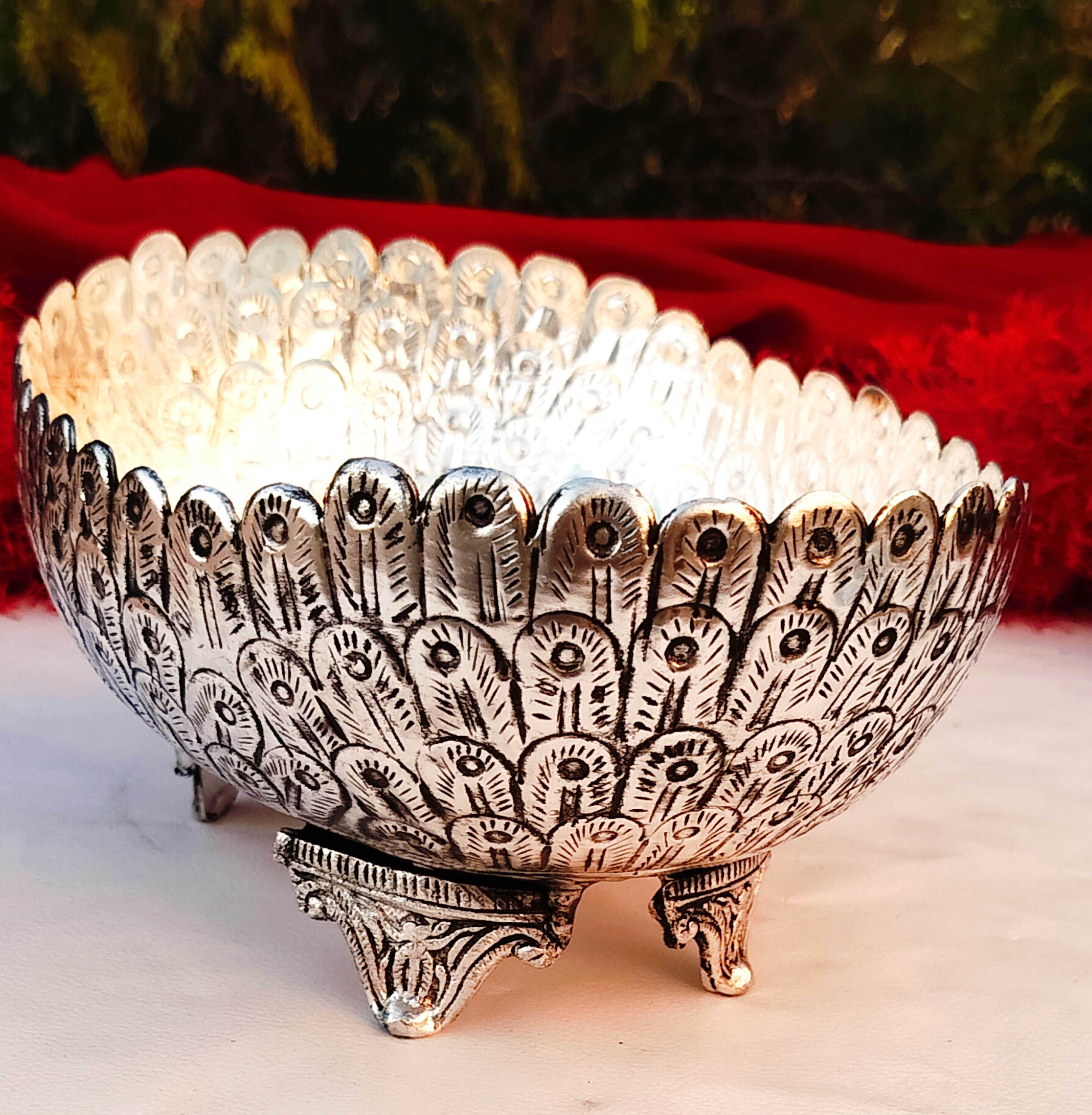 German silver oval bowl/urli with stand