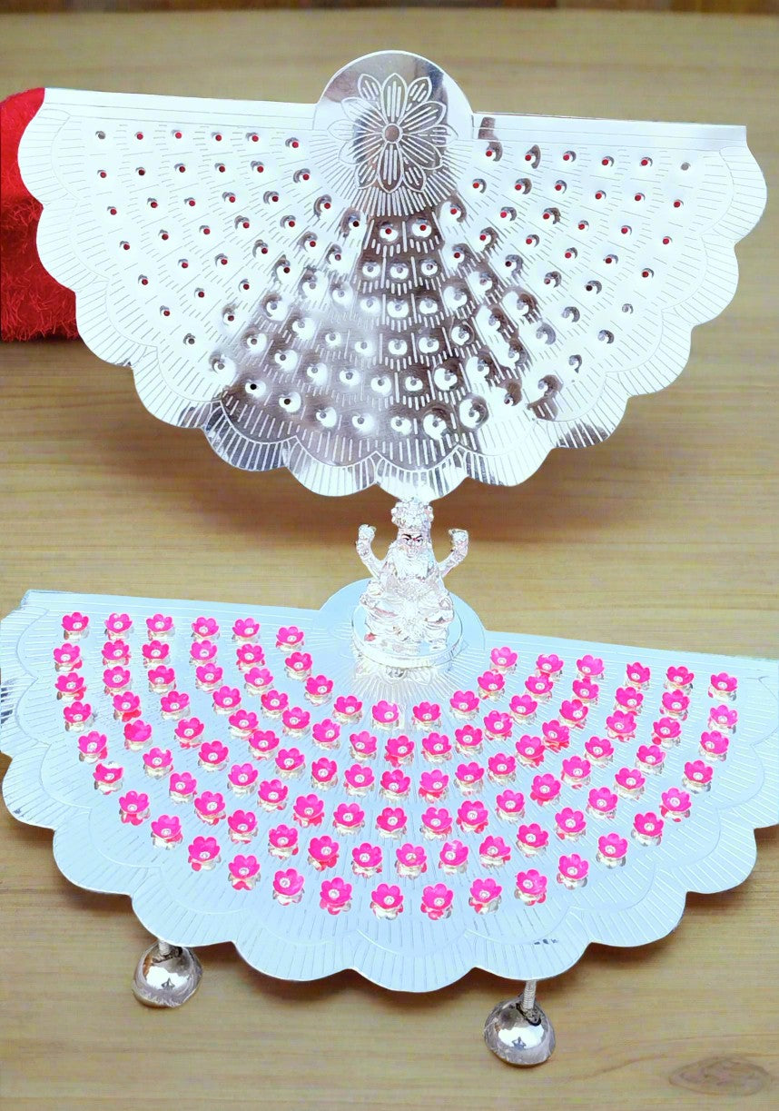 German Silver 108 Flower Stand with Laxmi Idol & Flowers.