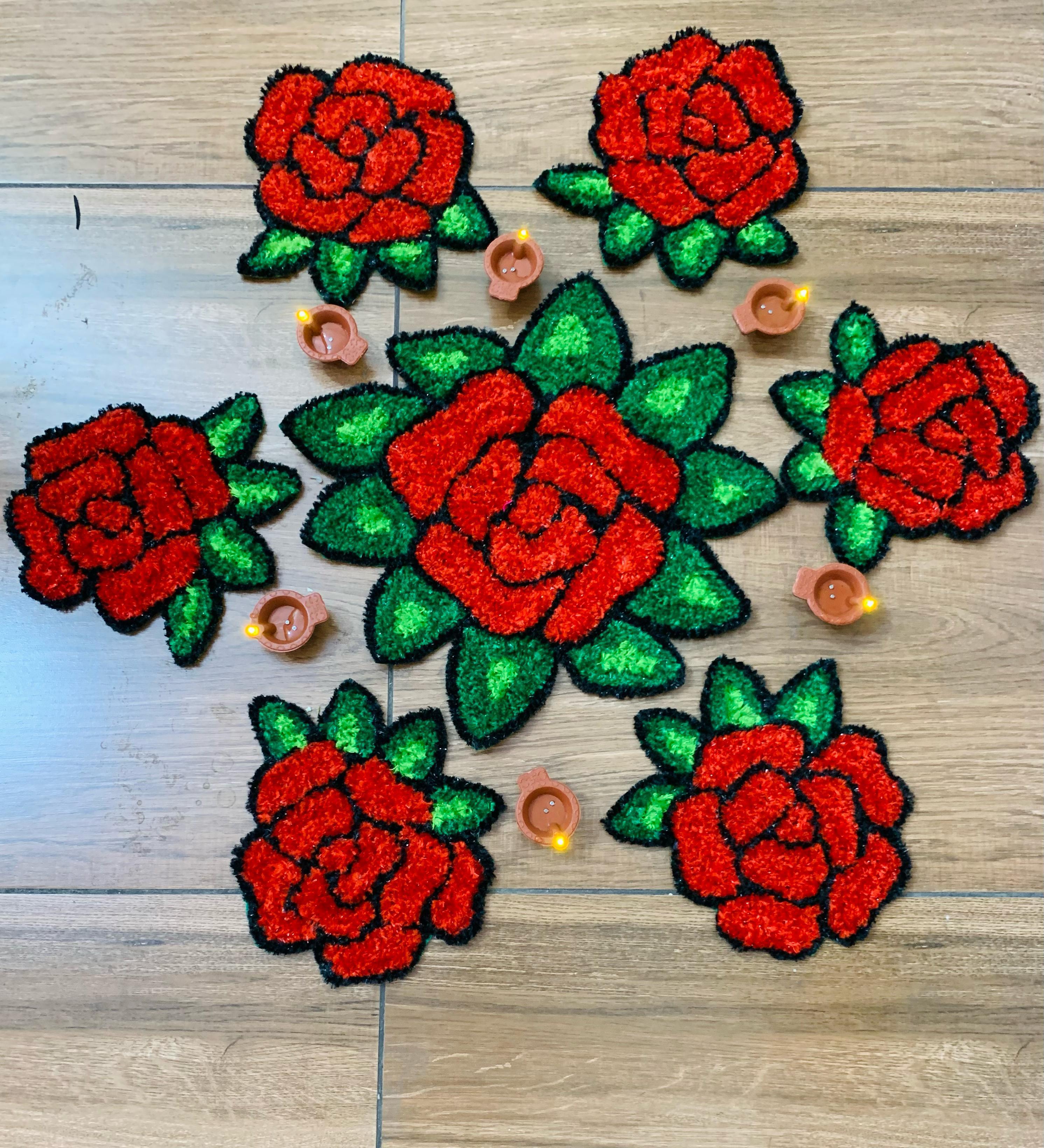 set of 7 rose flower rangoli mats for decoration for diwali festival/ gift item