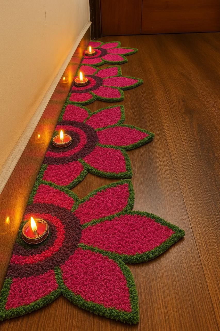 set of 8 sunflower rangoli mats for diwali/ hoysewarming / gift item, color : pink and green