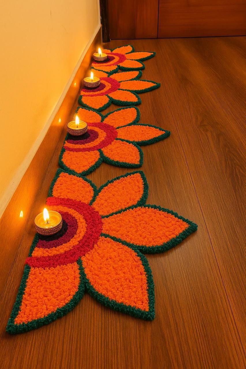 set of 8 sunflower rangoli mats for diwali/ housewarming / gift item, color : orange