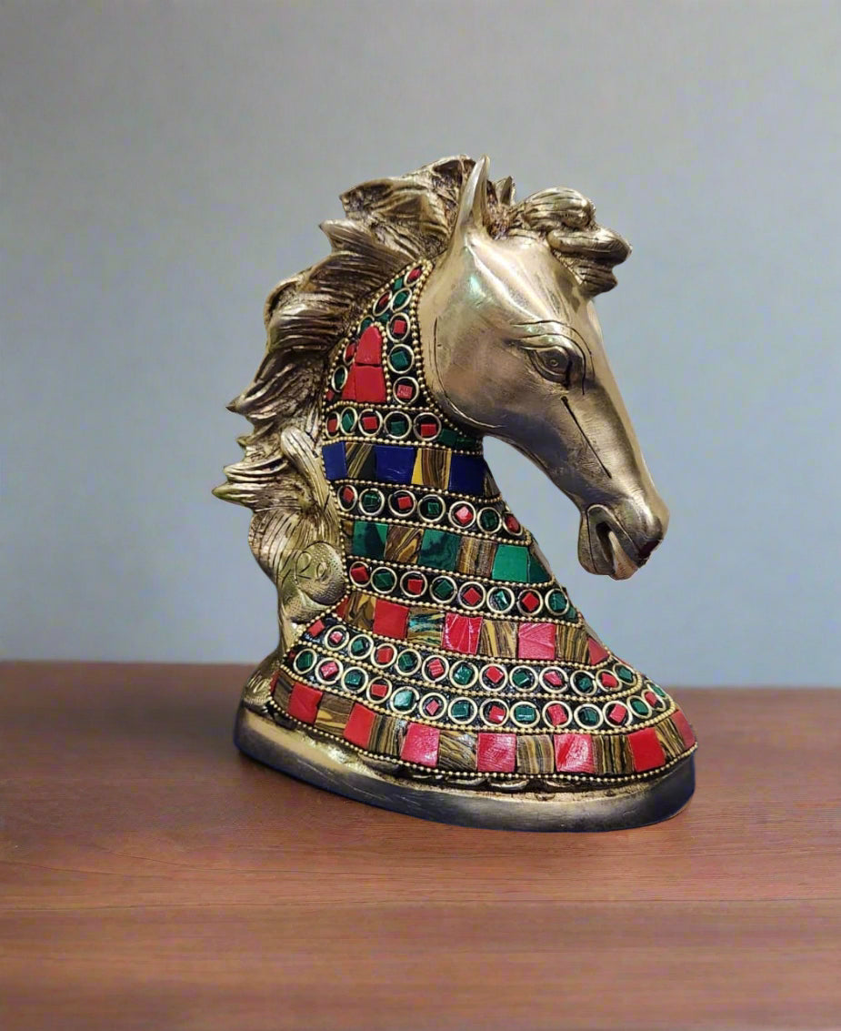 Brass Horse Head Décor – Artisan Crafted with Stone Work for Power & Prestige
