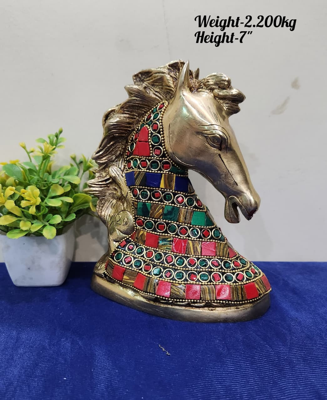 Brass Horse Head Décor – Artisan Crafted with Stone Work for Power & Prestige
