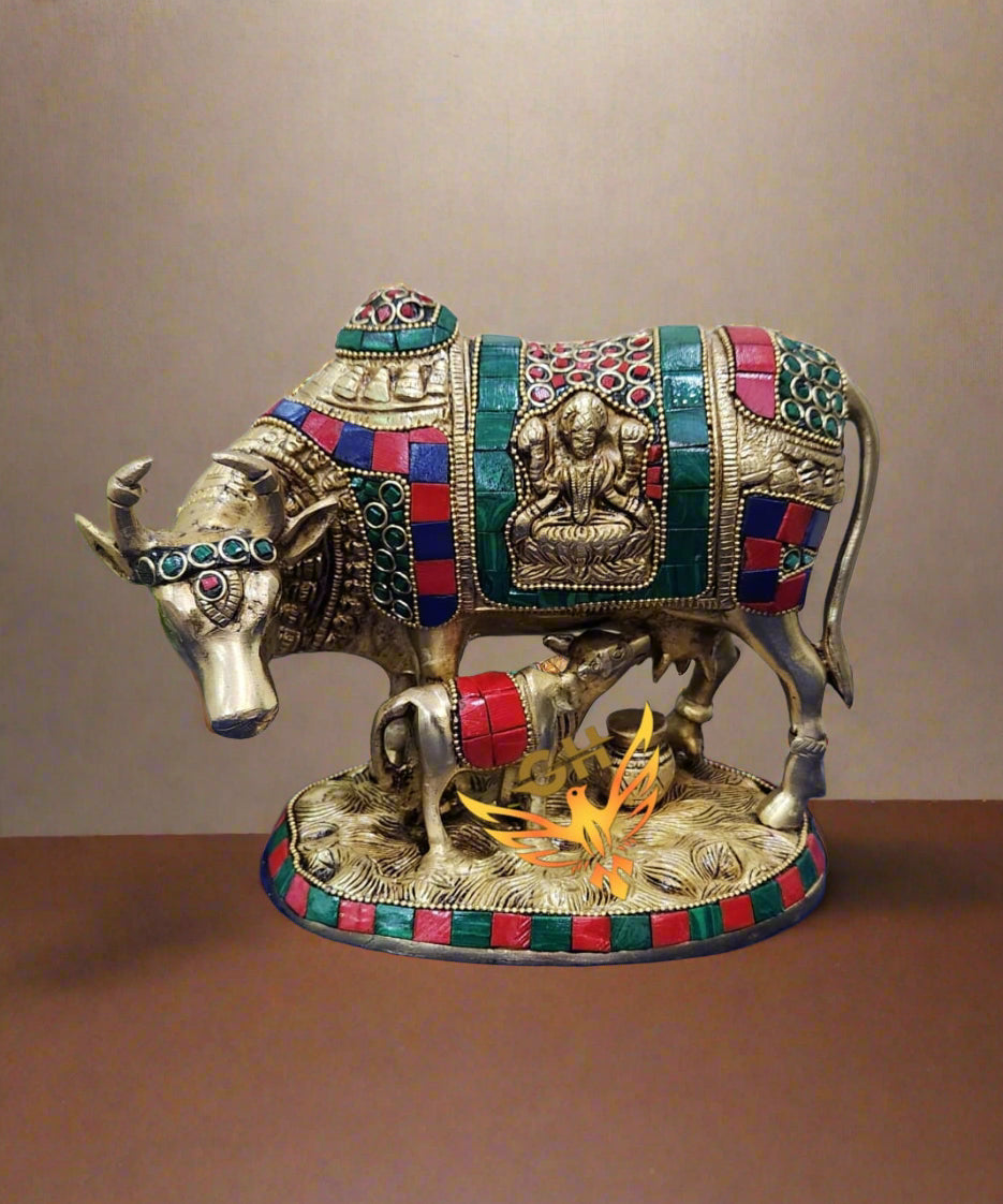 Kamdhenu Brass Cow & Calf with Stone Inlay – Symbol of Prosperity & Nurturing Grace