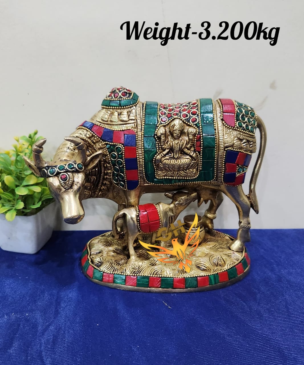 Kamdhenu Brass Cow & Calf with Stone Inlay – Symbol of Prosperity & Nurturing Grace
