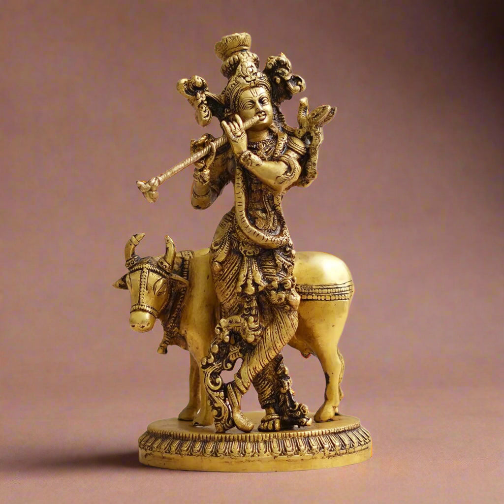 Brass Krishna with Cow – Symbol of Divine Love, Protection & Prosperity