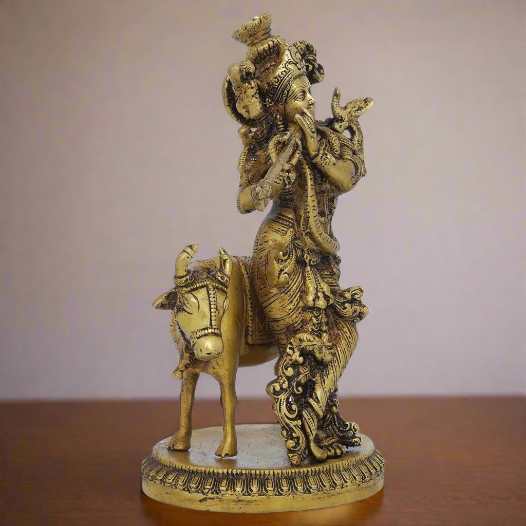 Brass Krishna with Cow – Symbol of Divine Love, Protection & Prosperity