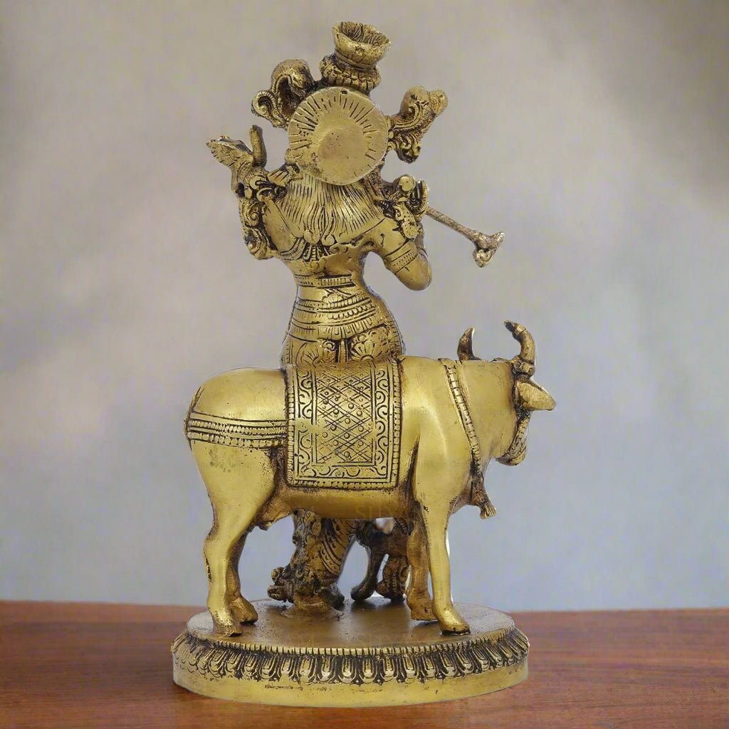 Brass Krishna with Cow – Symbol of Divine Love, Protection & Prosperity