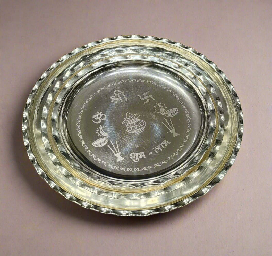 silver plated set of 5 shubh labh plates for pooja
