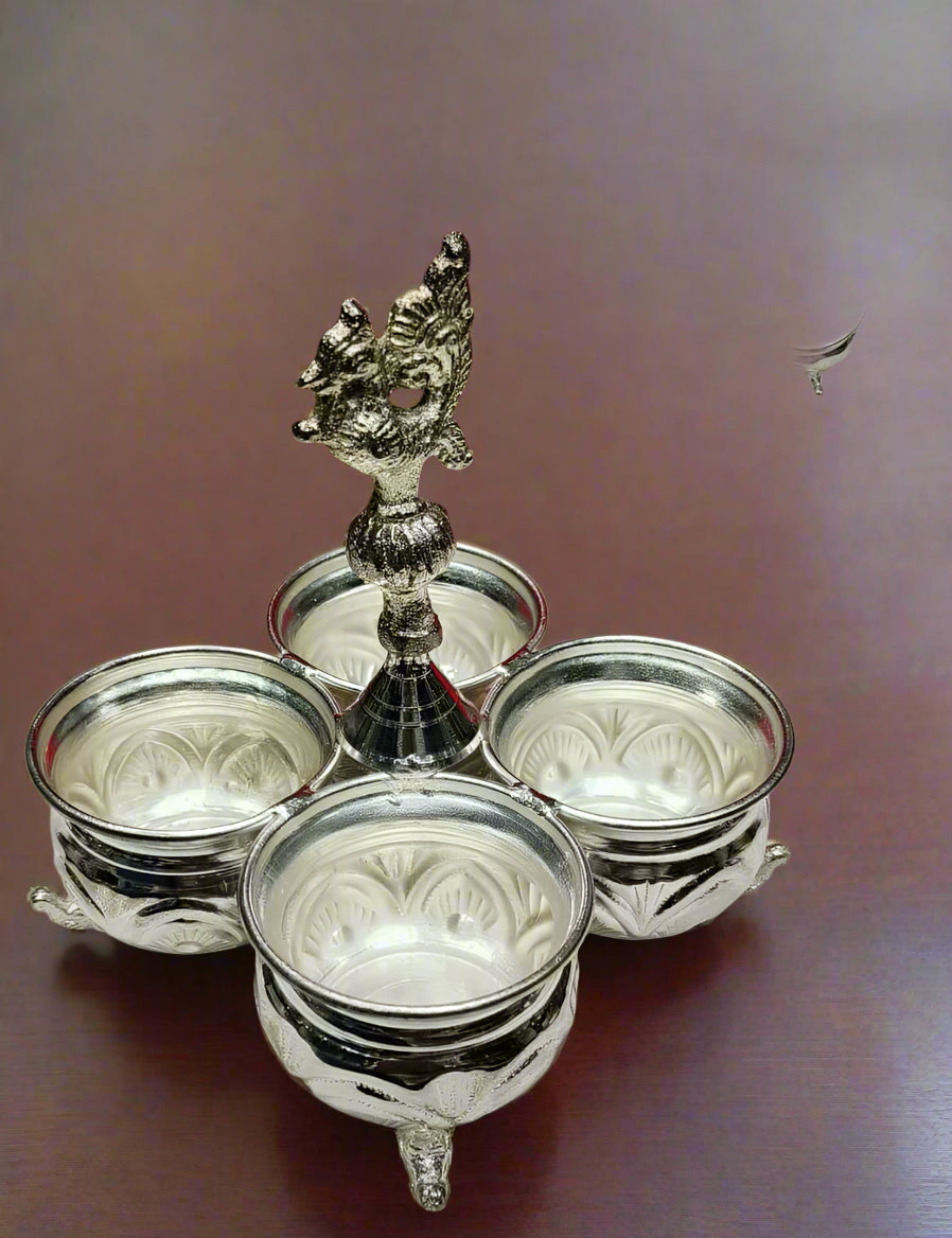 silver plated elephant legs kumkum 4 bowl set for pooja/ housewarming pooja