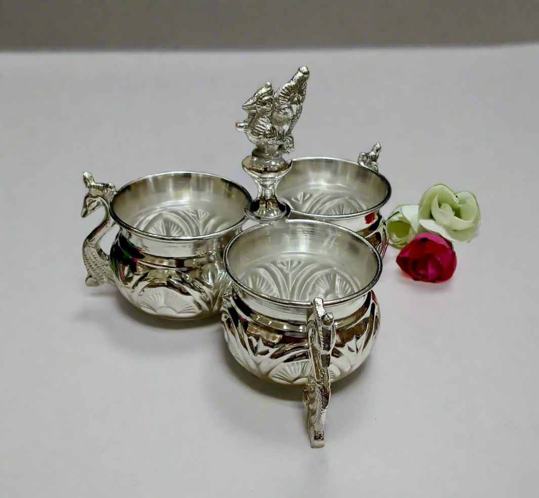 silver plated peacock legs kumkum 3 bowl set for pooja/ housewarming pooja