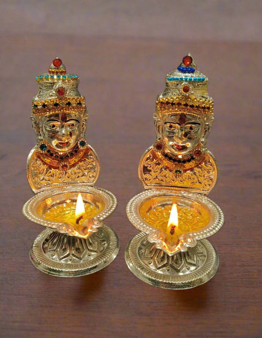 Silver Plated Stone Work Laxmi Face Diya Pair for housewarming pooja/ diwali