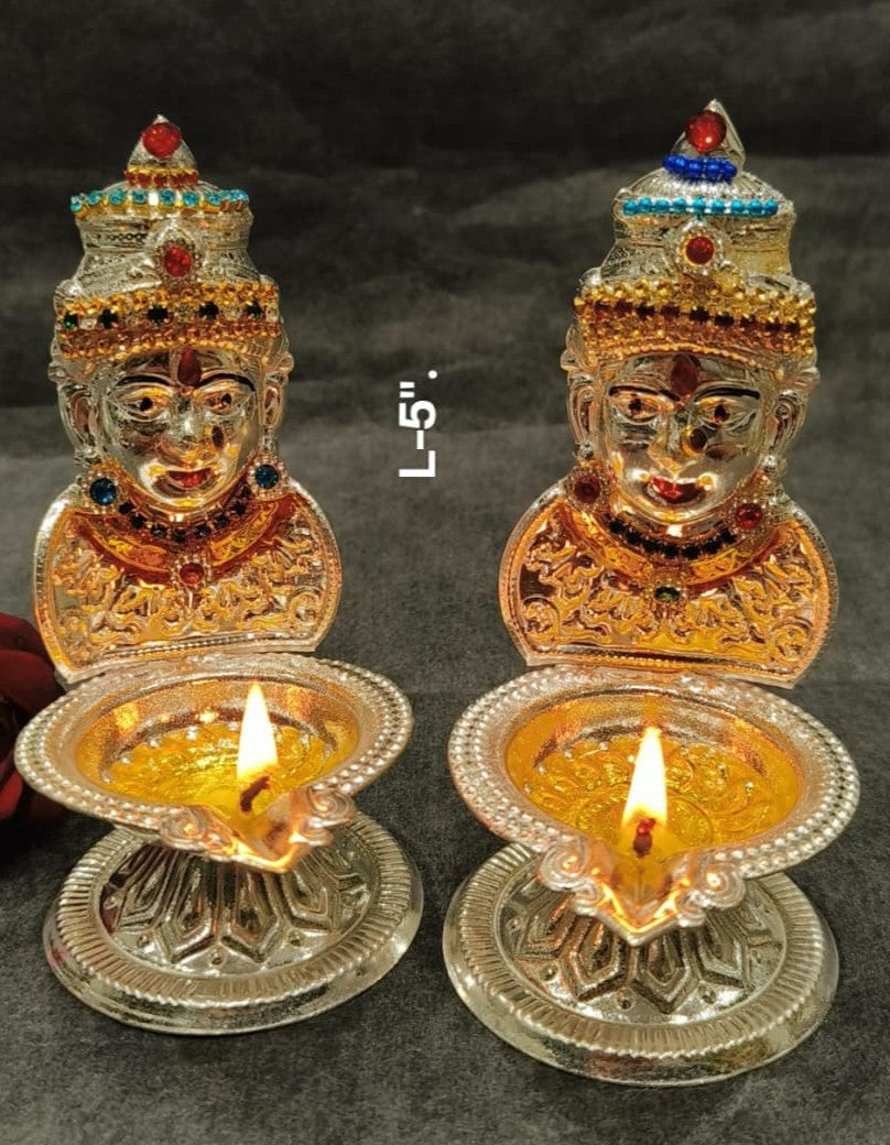 Silver Plated Stone Work Laxmi Face Diya Pair for housewarming pooja/ diwali