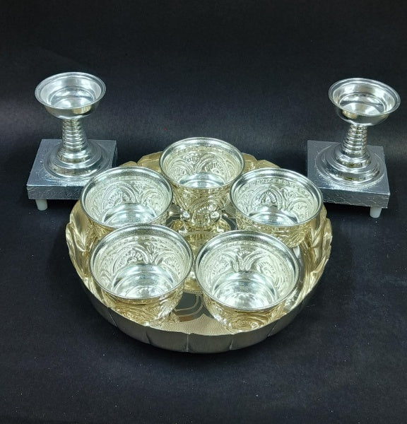 german silver Flower cut plate Pooja set for diwali pooja/housewarming pooja