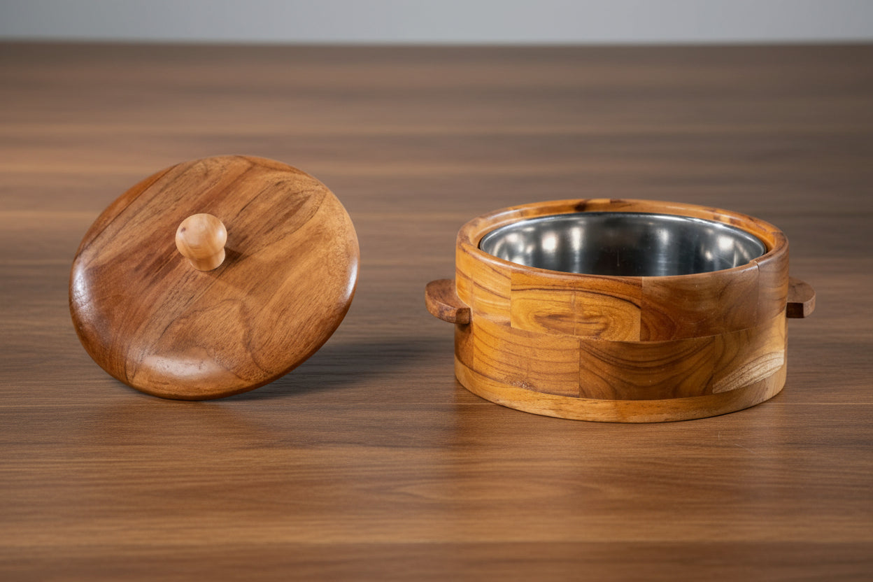 Handmade Wooden Casserole Chapati Box Multipurpose Wood Kitchen Container with Steel bowl