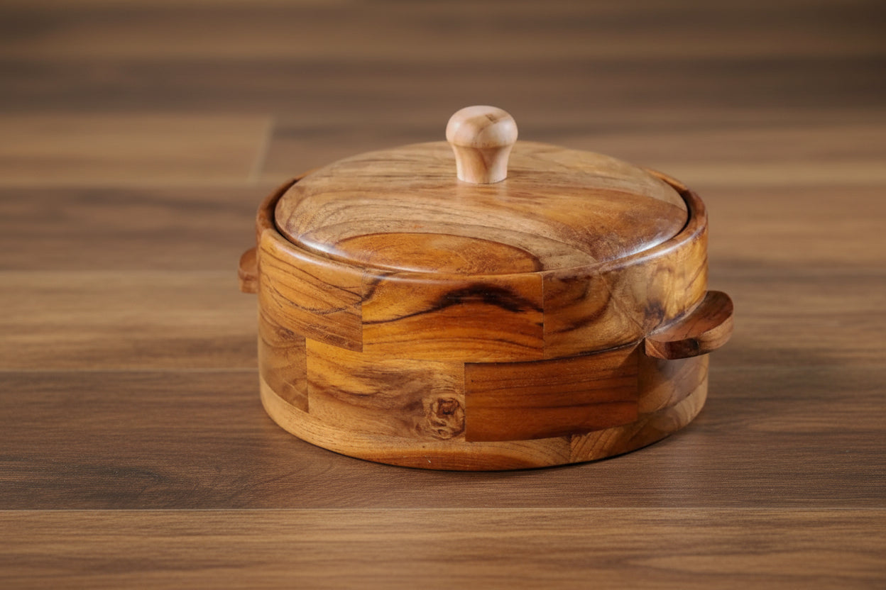 Handmade Wooden Casserole Chapati Box Multipurpose Wood Kitchen Container with Steel bowl