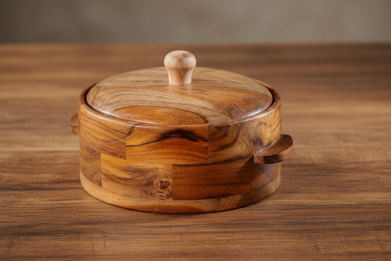 Handmade Wooden Casserole Chapati Box Multipurpose Wood Kitchen Container with Steel bowl