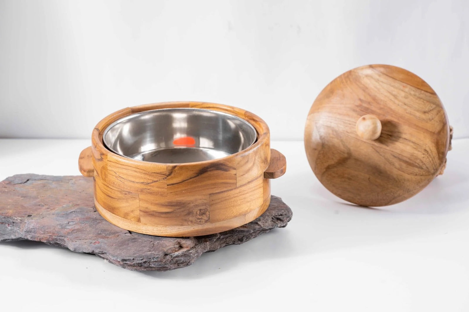 Handmade Wooden Casserole Chapati Box Multipurpose Wood Kitchen Container with Steel bowl
