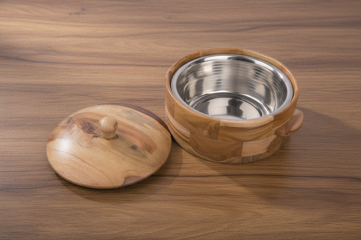 Handmade Wooden Casserole Chapati Box Multipurpose Wood Kitchen Container with Steel bowl